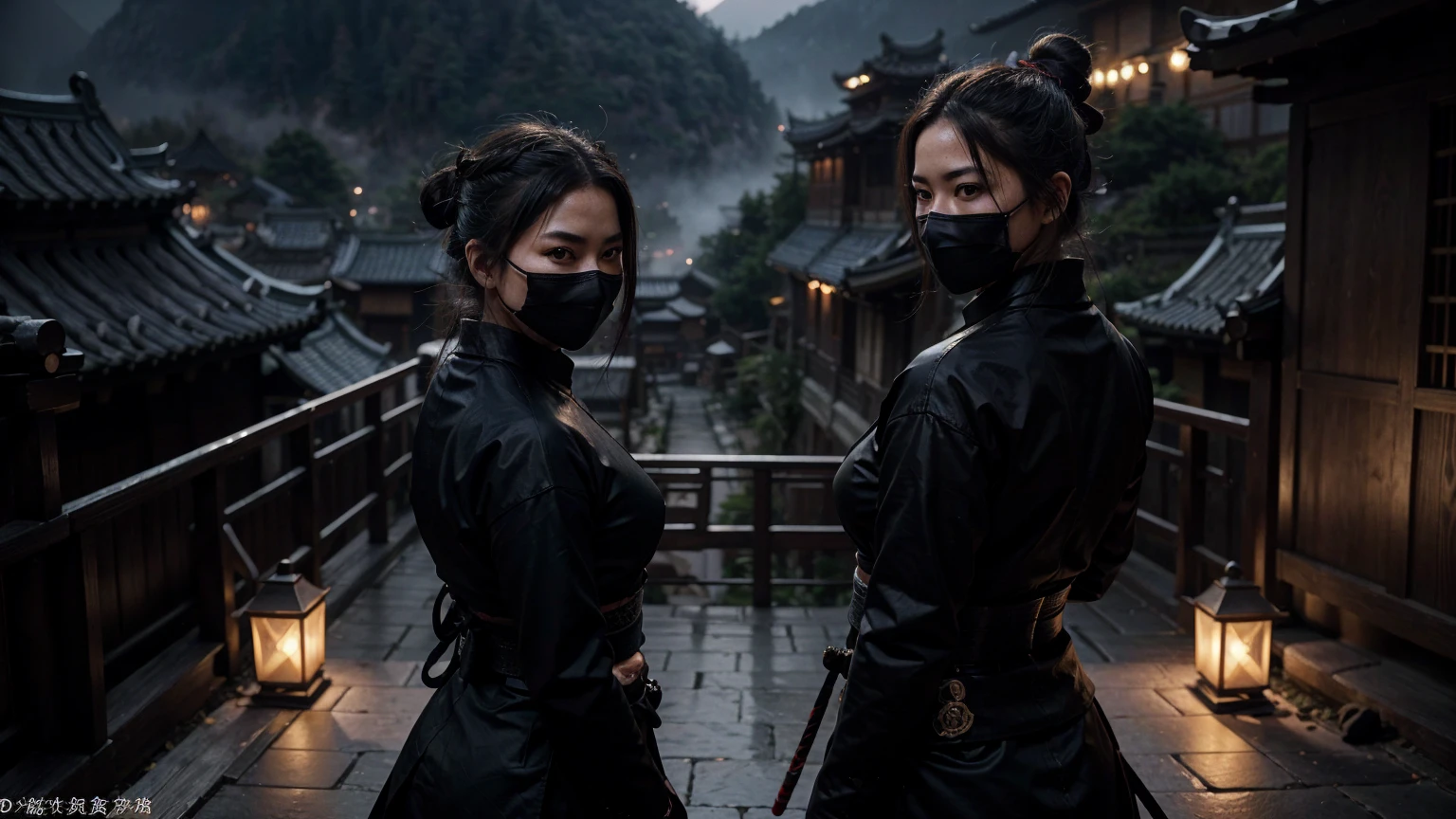 2 highly muscular female Samurai with kunais, ninja pose, the upper coltes are made of net, ninja facemask, detailed abs and muscles, detailed face, dark outfit, double hair buns, serious expression, Smiling glowing katana blade in hands or back, dynamic pose/pov, on a chinese ancient roof, in a misty olde chines village at night dark moody lighting, cinematic angle, hyperrealistic, digital art, illustration