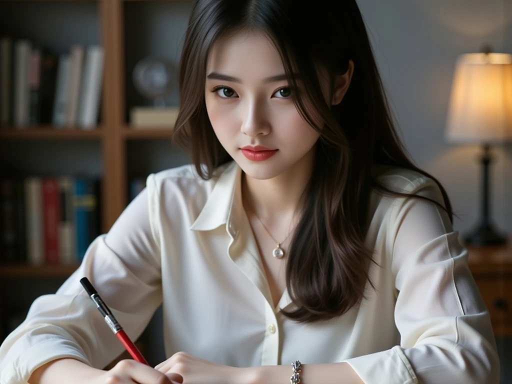 High image quality (8k image quality), high definition, outstanding work, appropriate subject depth, appropriate focus, Leica camera quality, RAW image quality, realistic、A woman studying at her desk、Detailed pupils, detailed lips, perfect hand, perfect finger、Perfect nails, detailed hands, detailed fingers, detailed nails,FLUX,east asian woman,
asian woman