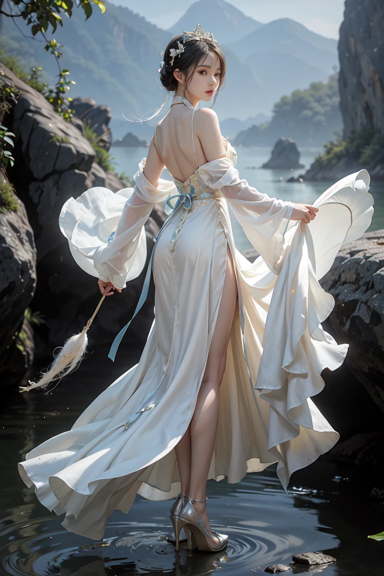 1Chinese woman, Yellow-white skin ,  Pure White Hair,  glowing eyes ,  Hanfu Dress , White suit, Krabi, การเต้นรำKrabi, high-heels,  feathers fluttering in the air, Dynamic background , spell, 3D Realistic Images, Dark tone,  blue waters ,  dynamic waterline swirling back and forth, Waterline buoyancy 