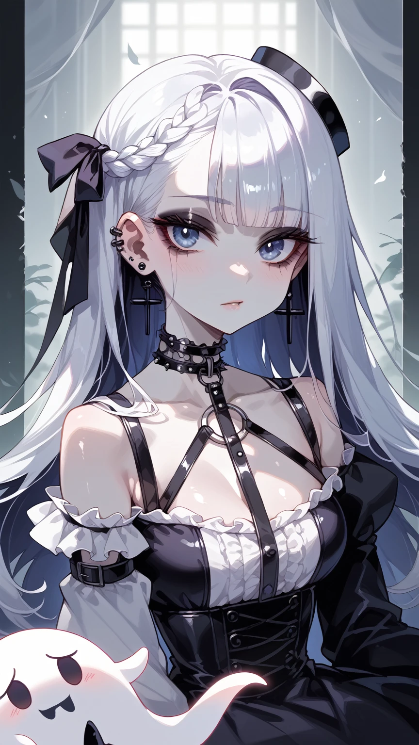 a close up of a doll with long hair and a cross on her chest, doll punk, pale porcelain white skin, 1 anime goth girl, 1 goth girl, goth girl aesthetic, pale milky white porcelain skin, artdoll, korean goth girl, dreamy gothic girl, pale ghost girl,shiny skin,vivid colors