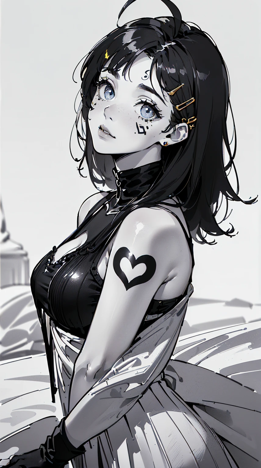 (((((((monochromatic world, using only shades of black and white,facial tattoo,)))))(((Otokoyaku,head tilt,))) (((blush:1.7,baggy gloves))), (geometric:1.1), ((1girl,under-aged,amazing,seductive girl，Alone，from above,))(Masterpiece,Best quality, offcial art, Beautiful and aesthetic:1.2),(( Ultra High Resolution ,Golden ratio,)) (16k),((on bed,sagging breasts)),(Physically-based rendering),Sharp focus, (((highdetailskin,))),Intricately detailed clothing，Delicate pupils,heart pupils,danfeng eye,((((detailed hair|middle hair|blunt bangs|Long bold side bang|ahoge)))),slender,(masterpiece sidelighting),(The sheen),(beautiful hair,beautiful eyes,）((unbelievable Ridiculous quality,blur background,)),((extremely_Detailed_eyes_and_face)),Movie girl,(Dynamic configuration: 1.2),Brilliant,Glossy, (Photorealistic), ((hairclip)), two-sided fabric,disheveled hair,Ultra-precise depiction, Ultra-detailed depiction,