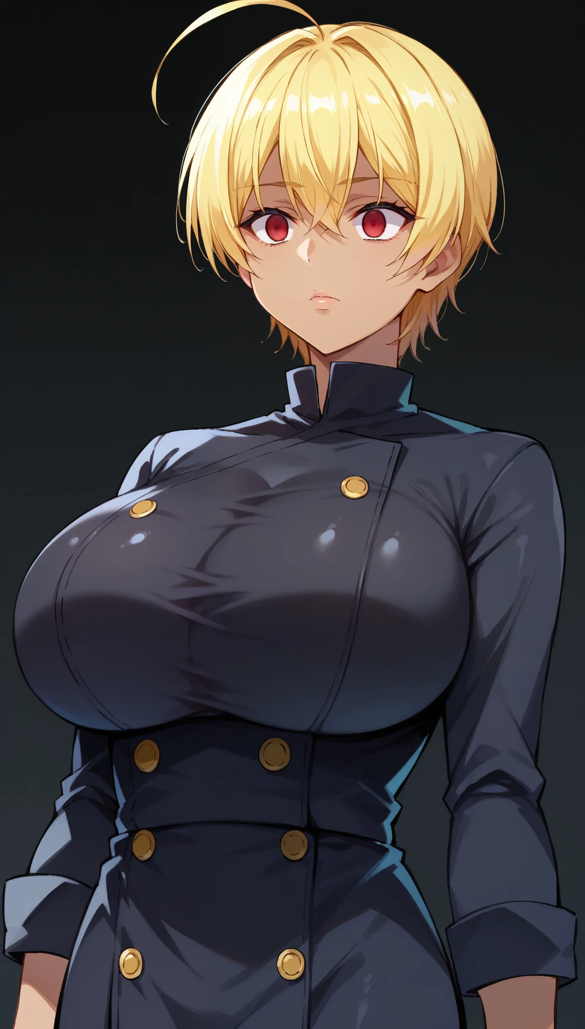 score_9, score_8_up, score_7_up, score_6_up, score_5_up, score_4_up, BREAK source_anime,1girl,mito ikumi, dark-skinned female, blonde hair, short hair, ahoge,(Red eyes), glowing eyes,Huge breasts,((empty eyes)),Expressionless,(立ち上がる), ((Black latex chef uniform)), black background, simple background,