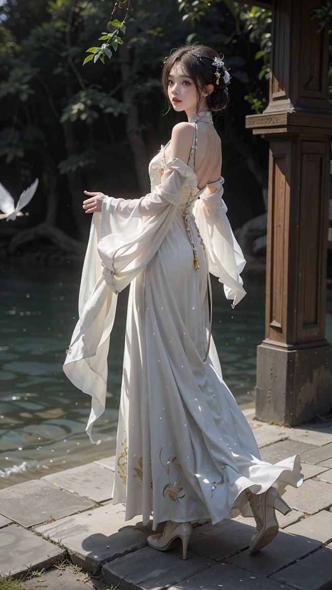 1Chinese woman, Yellow-white skin ,  Pure White Hair,  glowing eyes ,  Hanfu Dress , White suit, Krabi, การเต้นรำKrabi, high-heels,  feathers fluttering in the air, Dynamic background , spell, 3D Realistic Images, Dark tone,  blue waters ,  dynamic waterline swirling back and forth, Waterline buoyancy 