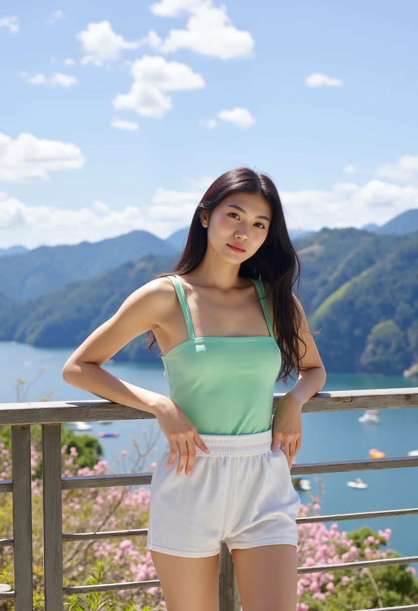 Portrait Realistic Photography beautiful perfect body, long wavy black hair, A young asian woman wearing a light green tiny Camisole and white tiny shorts stands on the balcony of her room, stand by face to the viewer. behind her is a beautiful blue sky with white cloud and a lake below , ((with small boats and rafts)) decorated in Chinese architecture floating, surrounded by green mountains at the foot of the lakeside mountains, cherry trees blooming in pink.