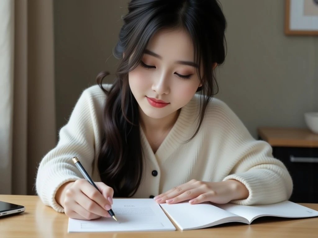 High image quality (8k image quality), high definition, outstanding work, appropriate subject depth, appropriate focus, Leica camera quality, RAW image quality, realistic、A woman studying at her desk、Detailed pupils, detailed lips, perfect hand, perfect finger、Perfect nails, detailed hands, detailed fingers, detailed nails,FLUX,east asian woman,
asian woman