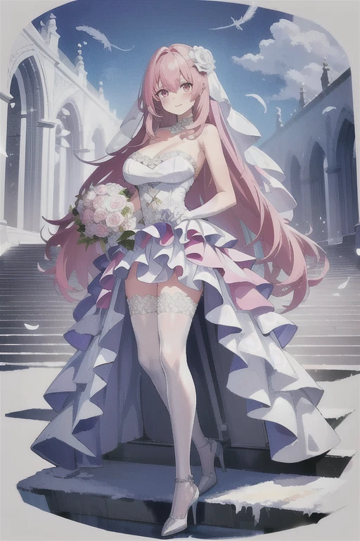 A long pale white-purple hair，Girl with turquoise and purple eyes，in wedding dresses，Walk the red carpet of a seaside wedding，Flowers in hand，A bright smile，Veil，Hair is scattered