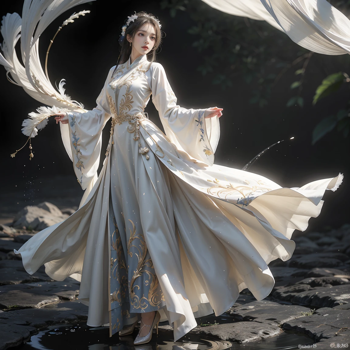 1Chinese woman, Yellow-white skin ,  Pure White Hair,  glowing eyes ,  Hanfu Dress , White suit, Krabi, การเต้นรำKrabi, high-heels, Lots of feathers ,  floating in the air, Dynamic background , spell, 3D Realistic Images, Dark tone,  blue waters ,  dynamic waterline swirling back and forth, Waterline buoyancy 