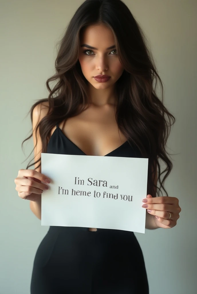 Beautiful girl with wavy long hair, in bra and panty dress, holding a white board with text "Muhammad Rafeeq" and showing it to the viewer