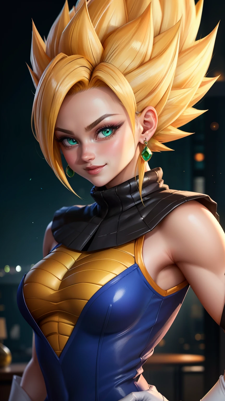 RAW Photo, ( High Quality Detailed Skin ,  detailed eyes:1.1),  intricate details ,  The best quality, 8k UHD,  soft lighting , vegeta, breasts, (femenino:1.2), 1 girl, earrings, jewelry,  White gloves , pelo de punta, dougi, smile, blonde,  green eyes,  Super Saiyan Quen Saiyan Beautiful , Hot Sensual Armony Sexy Blush 