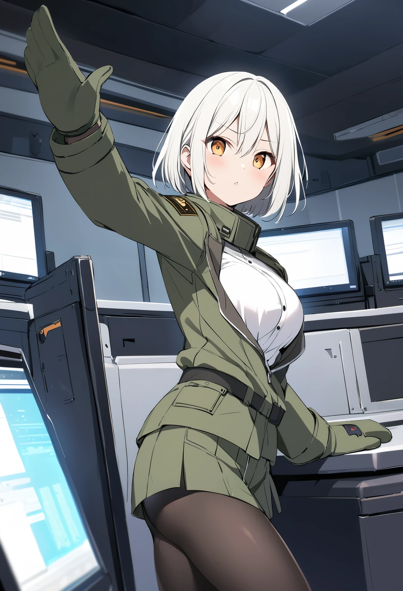 mitsukasa ayas，army suit，Manteau，White color blouse，short  skirt，black pantyhoses，black military boots，mitts，A sexy pose，Inside the command room