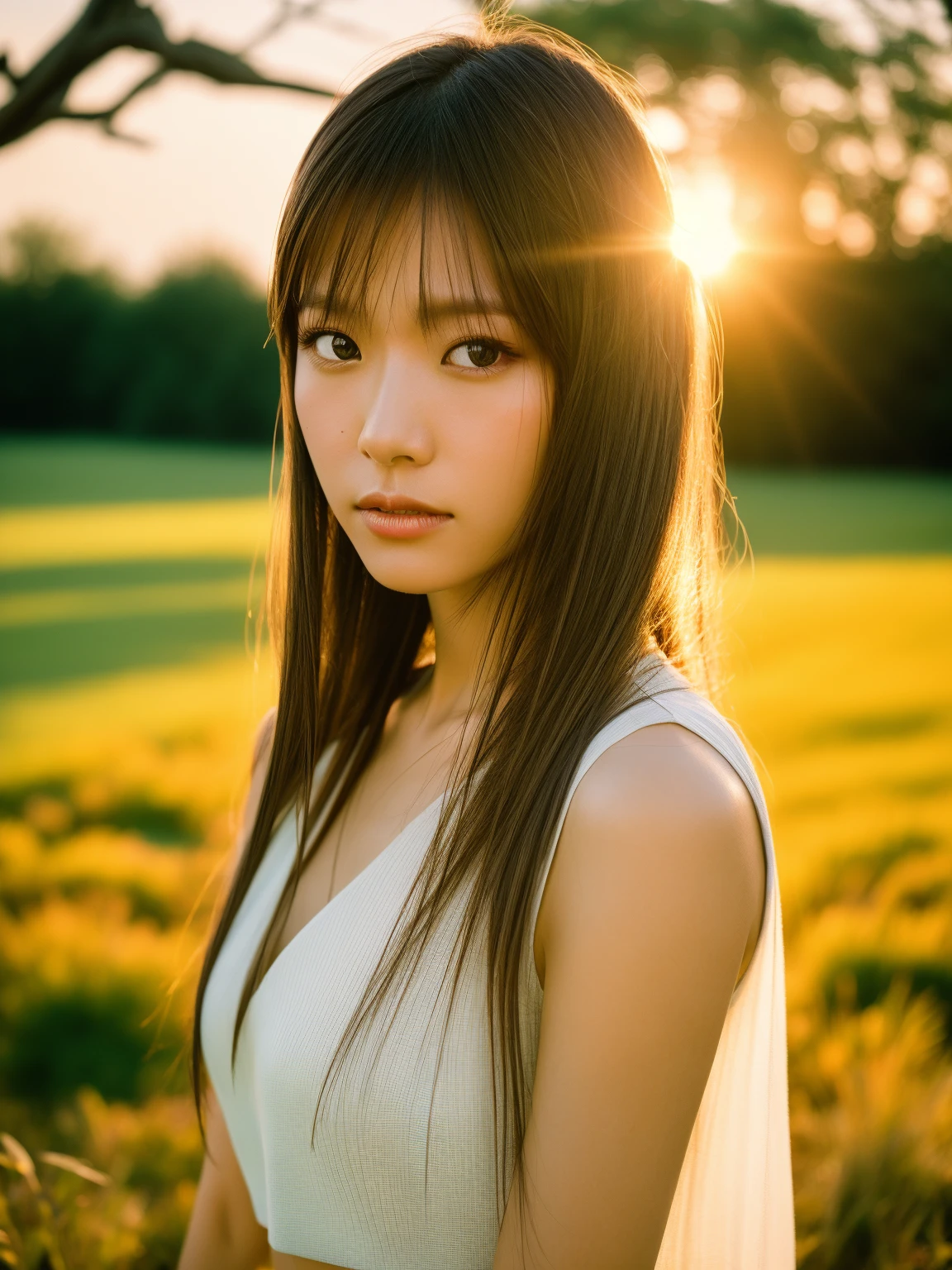 1 person, Gal portrait photography,   glowing skin  , Pentax 67 ,  , 1 1 1.8,  film grain,  golden hour,  soft lighting ,