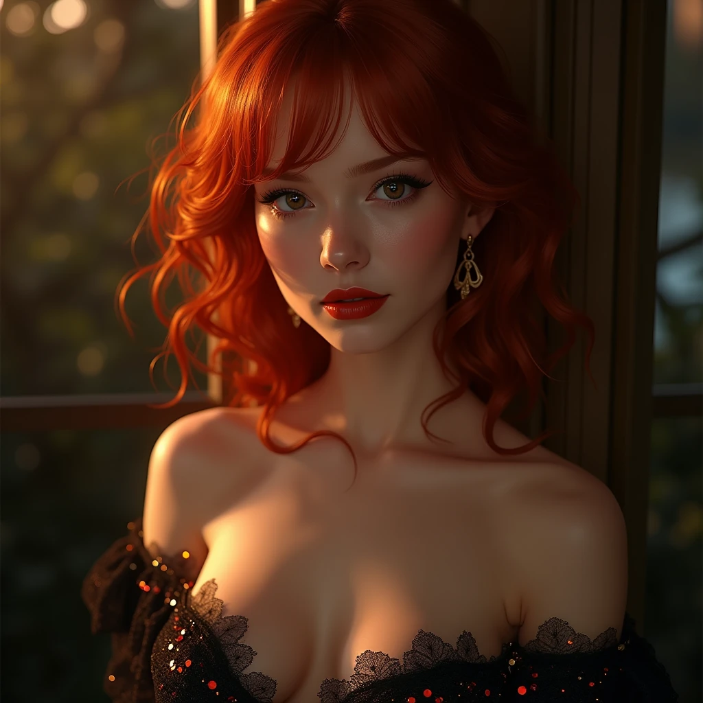Taki, leaning against a bar , (heavy eyeshadow, red lips, green eyes), slender, White open shirt, black lace choker, (nose piercing, nose jewel), fantasy art, concept art, delicate features, feminine, copper colored hair in a loose bun, seductive, Chiaroscuro lighting, (style of howard chandler christy:1.0), (charcoal sketch by jean-joseph benjamin-constant:1.3)
