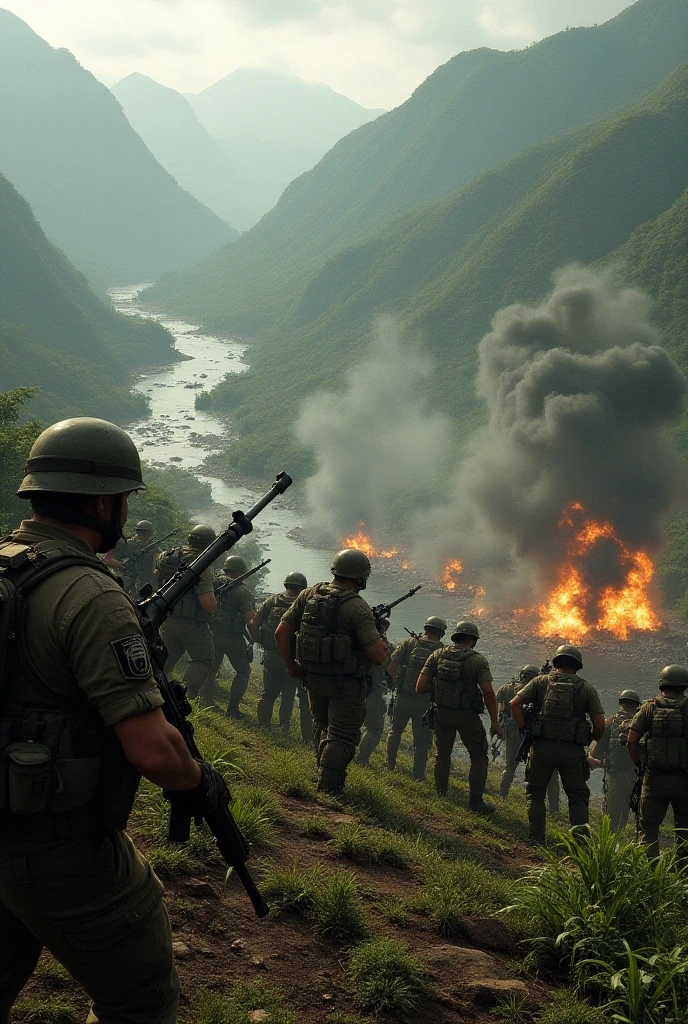 3 malay army in a middle of war, explosion, ultra detail face,