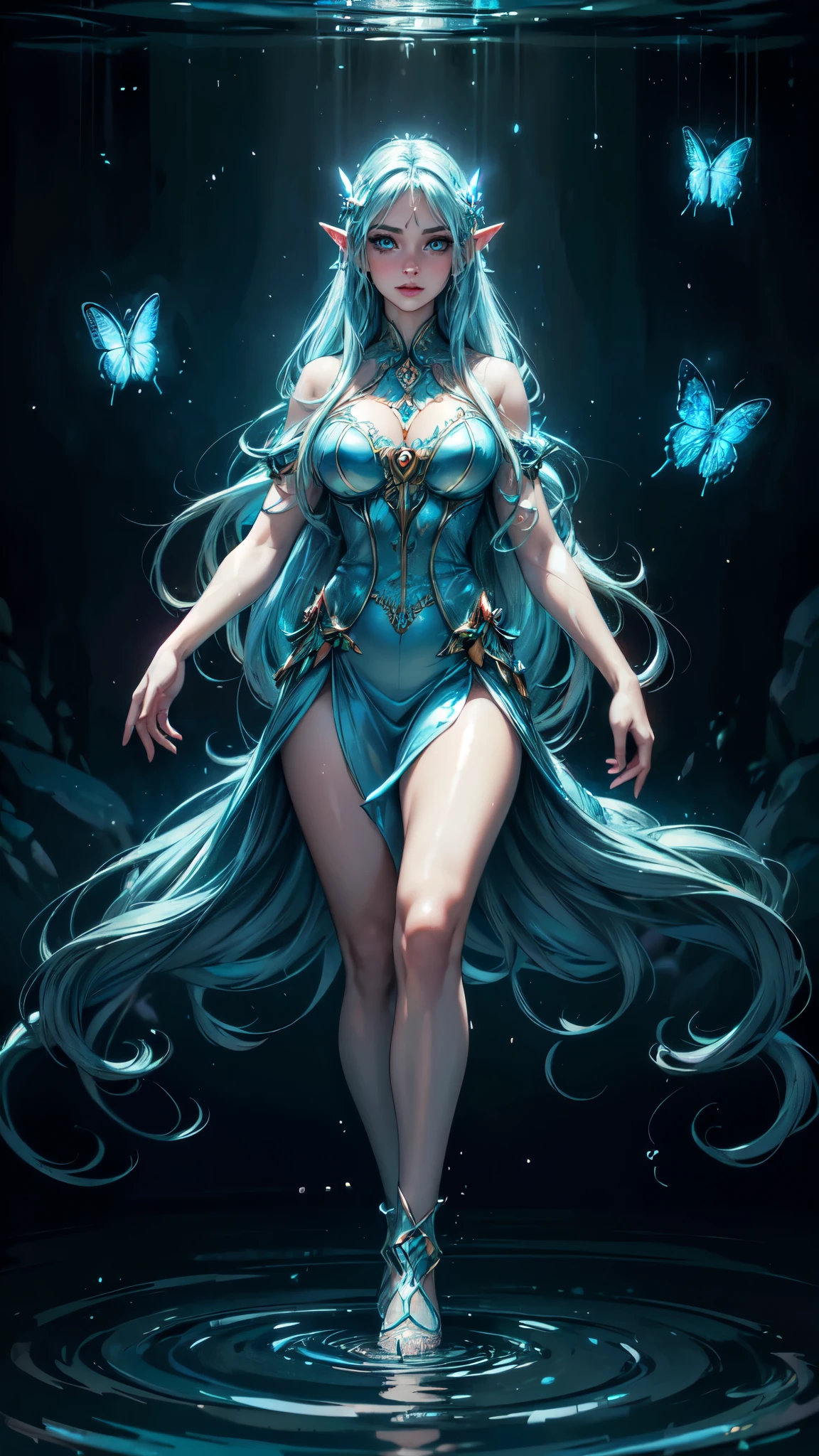 A full body image of an extremely beautiful woman wearing a bioluminescent jellyfish hat, wearing a matching beautiful flowing seaweed dress hyperrealism photo quality 64k resolution in a beautiful bioluminescent sea.