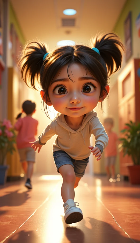 Pixar style, , The girl is running in the corridor of the school.