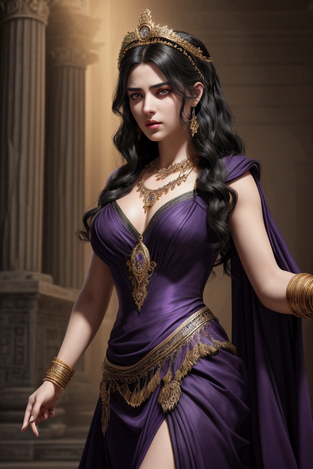 1girl, long hair, beautiful eyes, serious face, beautiful face, perky breasts, queen, long translucent dress, amethyst pendant, big pendant, sparkling amethyst, tiara, braid, looking at viewer, facing the light, lips, thin scarf, day, wet body, throne room