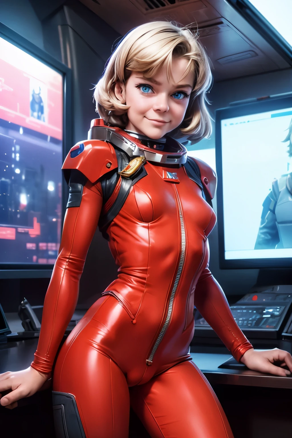 1female，age 5，bit girl，Small ，smallunderolo，（Background with：space ship，Artificial satellite，） She has blonde hair，Stand on a spaceship，seen from the front， mostly cloudy sky，（（（tmasterpiece），（Very detailed CG unity 8K wallpaper），best qualtiy，cinematic lighting，detailed background，beatiful detailed eyes，Bright pupils，Blue eyes，（Very fine and beautiful），（Beautiful and detailed eye description），ultra - detailed，tmasterpiece，）），facing at camera，A high resolution，ultra - detailed），revealing breasts，Bare genitalia， Bulge，legs are open，Raised sexy，Camel toe，Flushed complexion，Smile，Desire for dissatisfaction，frontage，elementary student，The astronaut，（Wearing：Spacesuit）, (pilot suit in red and white color, tight fit clothes, clothes covering the whole body, beauty, vivacious, lovely, slim body, exoskeleton, gundam pilot) Alisa Selezneva