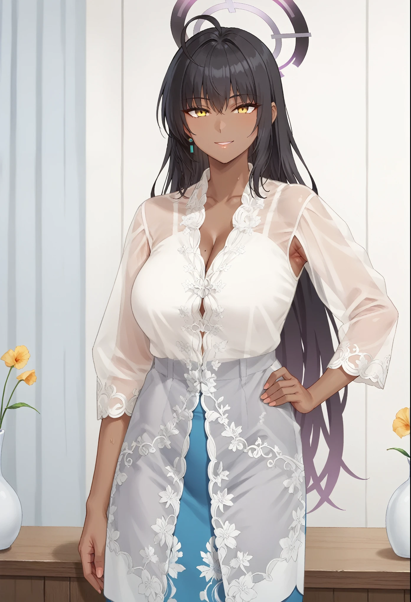 score_9, score_8_up, score_7_up, masterpiece, best quality, source_anime , BREAK 1girl,karin, ahoge, black hair, dark skin, dark-skinned female, halo, long hair, yellow eyes, large breasts, see-trough, white shirt, cleavage, white shirt,  skirt, kebaya dress,indoors, smile, looking at viewer, see-trough, anime screencrap,armpit 