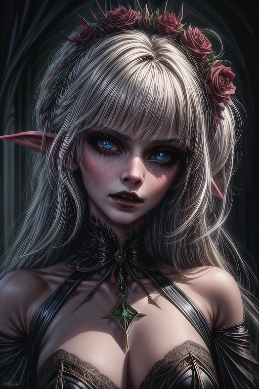 Looking into the camera, the elf girl, 18 years old, wearing a dark dress and outfit, Red eyes, big sweet smile, long white hair tied up, fair skin, masterpiece, wearing a pink gem necklace, wearing black stockings on her hands, wearing a black headband, curvy body posture, old low quality
