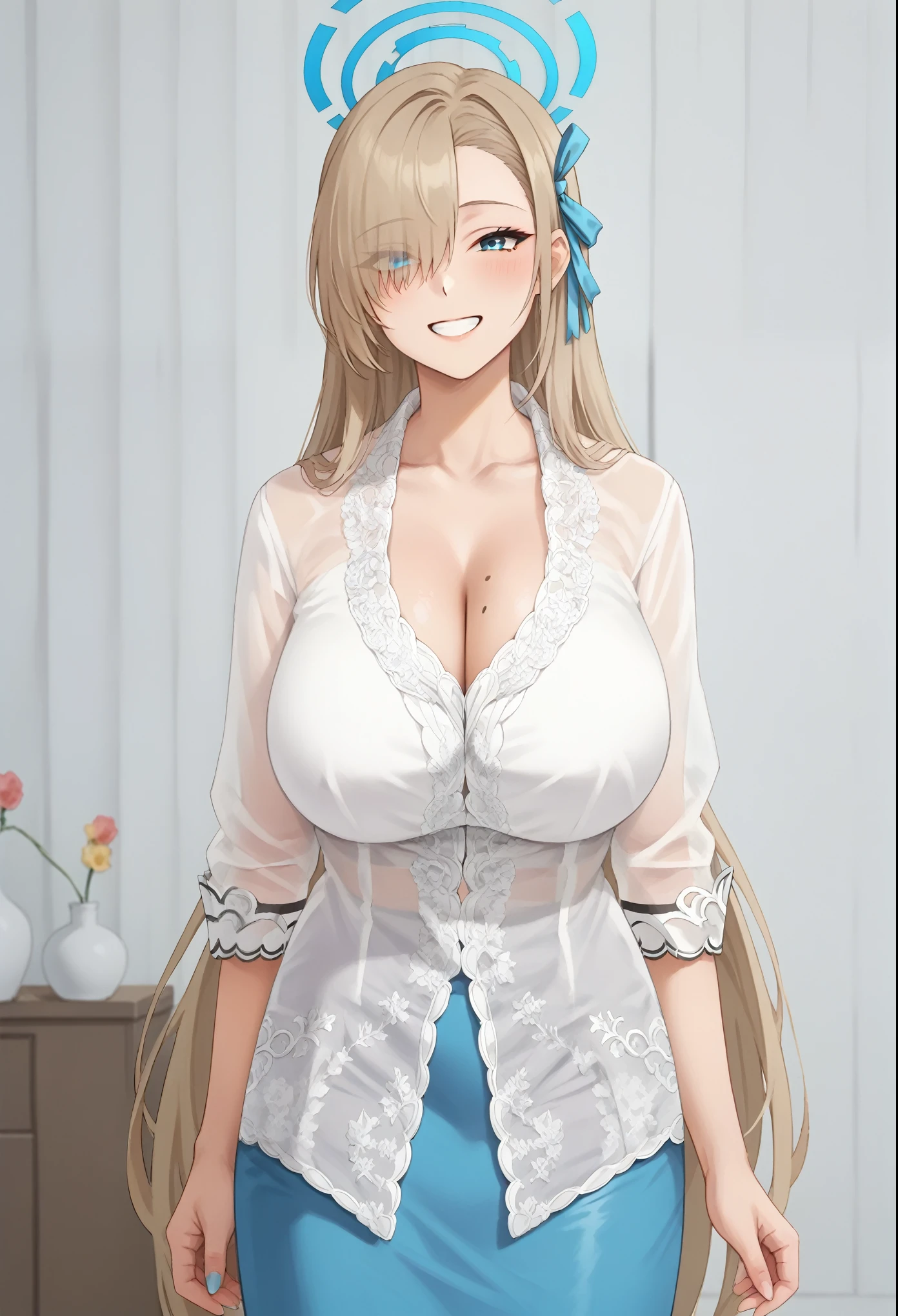 score_9, score_8_up, score_7_up, masterpiece, best quality, source_anime , BREAK 1girl, asuna ichinose, blonde hair, blue eyes, hair bow, hair ornament, hair over one eye, halo, long hair, mole on breast, mechanical halo, huge breasts, see-trough, white shirt, cleavage, white shirt,  skirt, kebaya dress,indoors, smile, looking at viewer, see-trough, anime screencrap, 