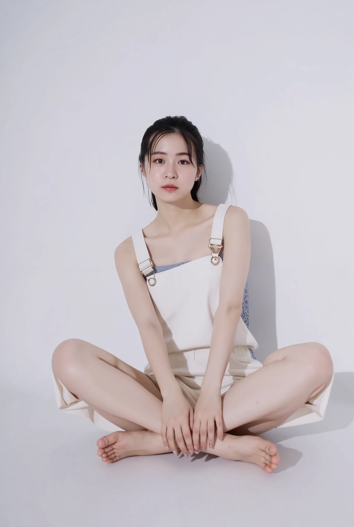Full body shot from the front、Wear off-the-shoulder mini one-piece pajamas, bend your knees, spread your legs, take a cross-legged pose, and sit while looking at me, Slender bare legs 、smile、The background is a monotone