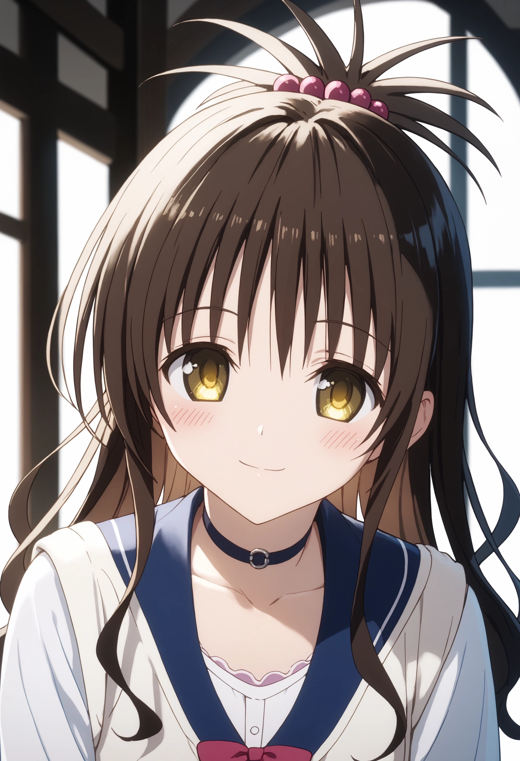 score_9,score_8_up,score_7_up, official art,solo,outdoors,upper body,(portrait:1.5),looking at viewer,facing viewer,smile,blush,Yuki Mikan,long hair,brown hair,hair ornament,hair bobbles,sidelocks,bangs,yellow eyes,collarbone,choker,white shirt,collared shirt,long sleeves,flat chest,denim shorts,short shorts,white socks,loafers