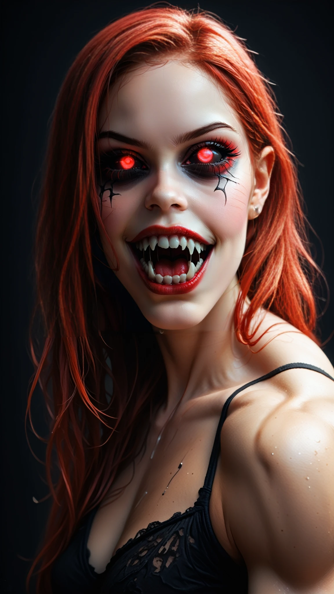 score_9, score_8_up,  score_7_up, painting of a young vampire girl with gaping mouth and very sharp menacing teeth, (bodybuilder physique:1.65), seductive face, seductive look, (long red hair:1.25), perfect muscular body, long thin legs, (zoom out:1.75), small breasts, (huge muscular shoulders:1.45), (full body view:1.75), (blank background:1.25), (red glowing eyes:1.25), (black sclera:1.25), (beautiful face:1.25), swirling ink, vibrant colors, hires fix, extremely detailed, high quality image