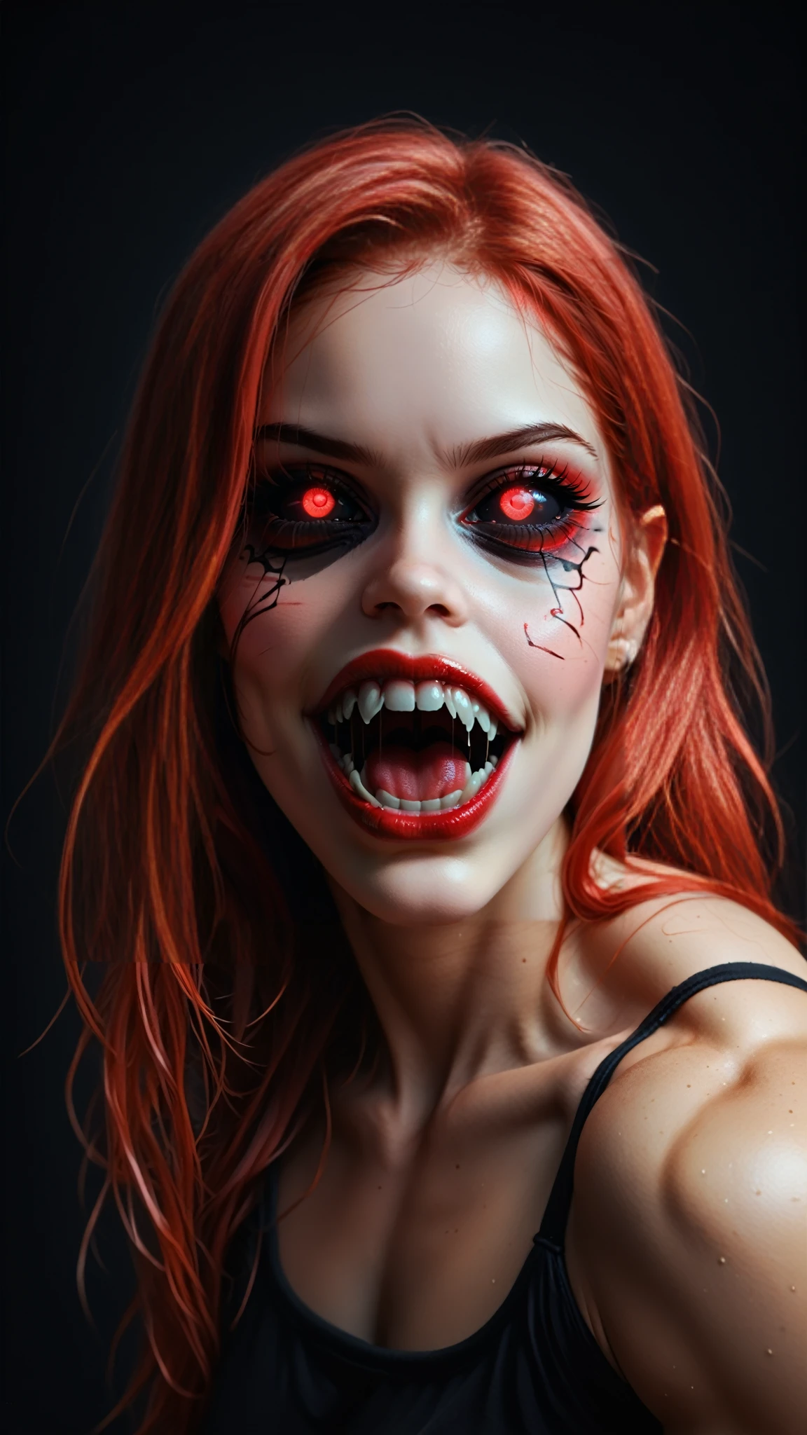 score_9, score_8_up,  score_7_up, painting of a young vampire girl with gaping mouth and very sharp menacing teeth, (bodybuilder physique:1.65), seductive face, seductive look, (long red hair:1.25), perfect muscular body, long thin legs, (zoom out:1.75), small breasts, (huge muscular shoulders:1.45), (full body view:1.75), (blank background:1.25), (red glowing eyes:1.25), (black sclera:1.25), (beautiful face:1.25), swirling ink, vibrant colors, hires fix, extremely detailed, high quality image