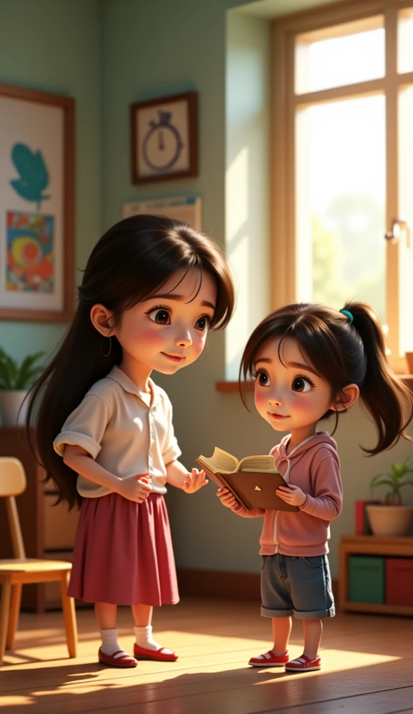 Pixar style,a girl  is takling to her teacher what she discoverd in teacher's room in the school. she is very exciting 