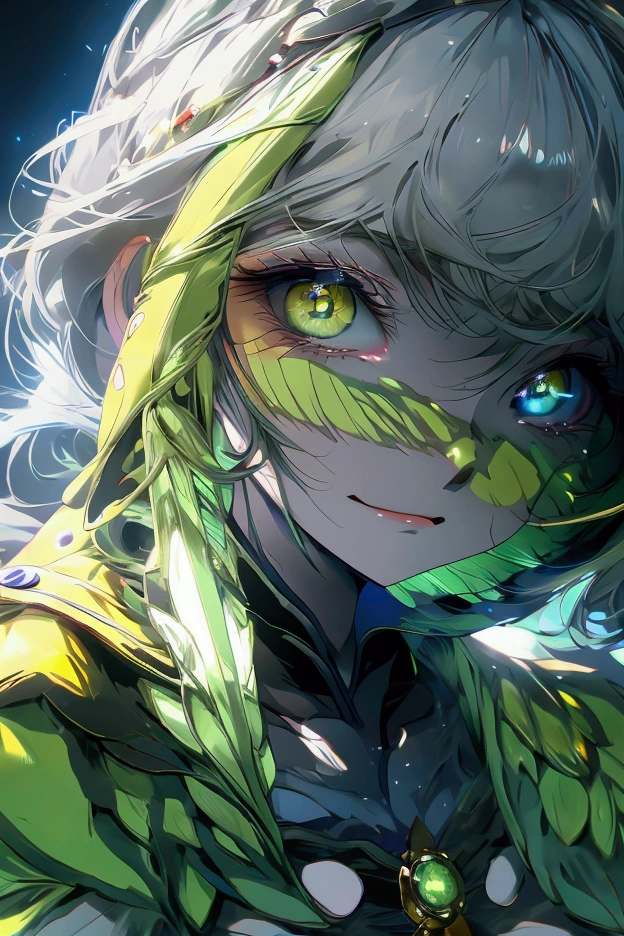 anime boy with yellow eyes and a green jacket, his eyes glowing yellow, young anime man, cute round green slanted eyes, cute natural anime face, keqing from genshin impact, with huge luminous sad eyes, male anime character, with glowing yellow eyes, anime boy, accurate green eyes, handsome guy in demon slayer art, cute anime face, kawacy