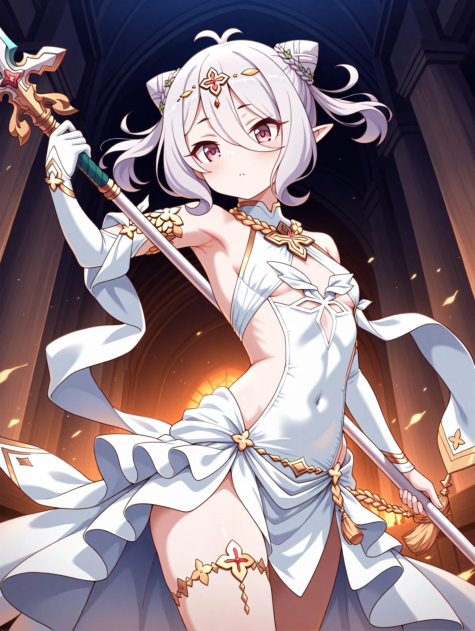 female angel, torn priest cloth, 6 wing, reduce clothes, masterpieces, 4K, no underwear, see-through cloth, godness aura, Hands together, attractive figure, 20 years old, floating sword, gold neckles, ankle wear, bright seducing eye, hidden nipple and, small breast, castle background, body sweat, best lighting, original character