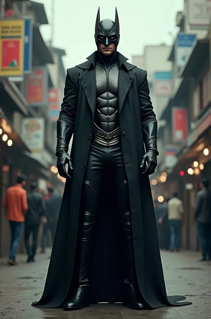 "Create a realistic image of Hrithik Roshan standing at a bus stand, wearing his iconic Krrish costume. He should have the black mask, a long black trench coat with silver details, and a superhero stance, giving him a confident and powerful look. The setting should be an ordinary urban bus stand during the day, with a few people around in the background, some posters on the walls, and an overcast sky."

