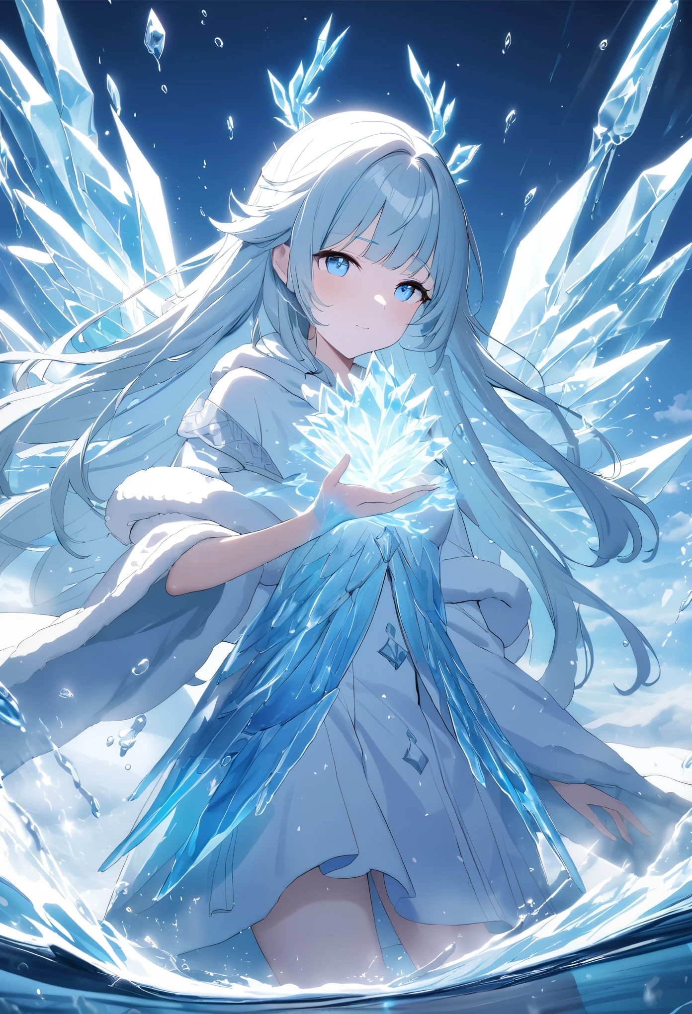 (((1girll)))，（Perfect facial features：1.4），icey，ice wings，Splashed liquid，Wavy liquid，airbubble，standing on water，wave，Blue glow，（Frost wings），(((Powerful ice magic)))，(((Icicles)))，Towering over the landscape，Blue light cold light，(((Ice storms)))，Wind，((Flying snow ice and snow))，Amazing results，,best qualityer,tmasterpiece, Ultra High Resolution ,finely detailled,Complicated details, 8k resolution,8KUCG wallpaper,hdr,water blue,Magic Array,Cinematic lighting effects,lightand shade contrast，Ray traching、NVIDIA RTX