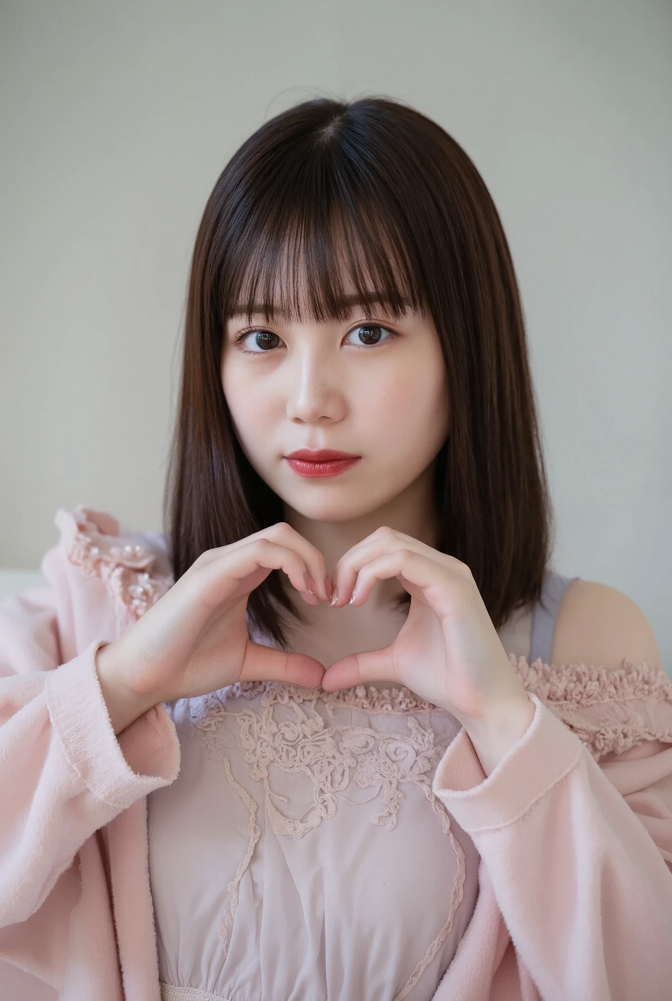 Only one woman with a cute smile wears cute, fluffy off-shoulder pajamas, makes a big heart shape with both hands, and poses them in front of her chest, View above collarbone、The background is a monotone 

