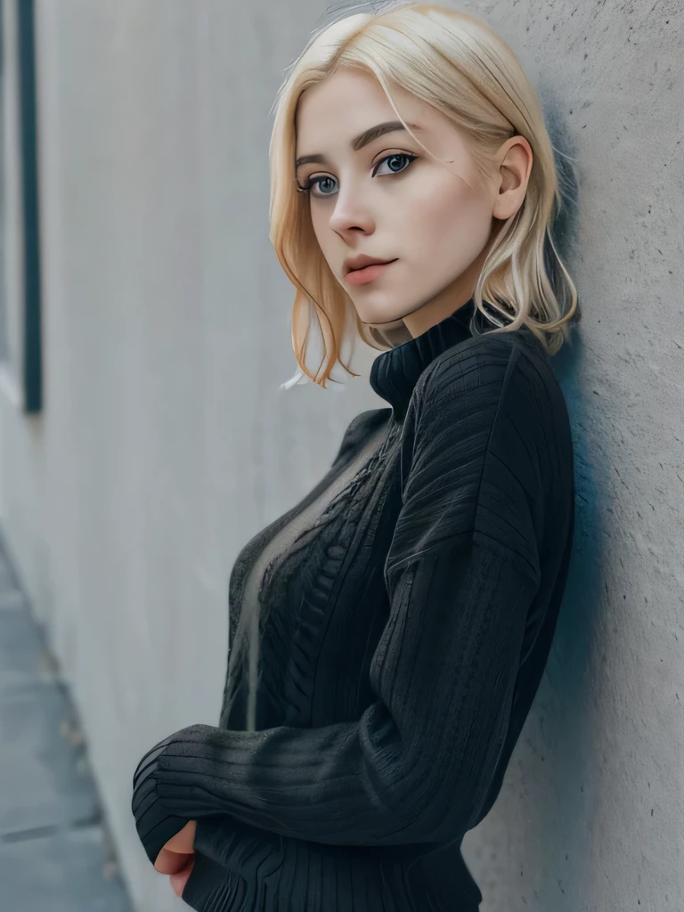 1girl in, age21, Eva Elfie, photo of perfect woman, portrait, looking straight at camera, 5'3", Solo, Aesthetic artwork, (blond, straight blonde hair, shoulder length blond hair:1.25), (clear skin, pale skin, medium breasts, B-cup, runners body, athletic, thin waist, skinny, detailed skin texture), (blank background, plain background, blank wall, (wearing a body-hugging charcoal black sweater, A black long sleeve, wool sweater), (extremely detailed 8k wallpaper), evening outdoor lighting, high quality, film grain, Fujifilm XT3 sharp focus, f 5.6, 50mm, High Detail, Sharp focus, (natural light), crazy details, complex details, hyper detailed