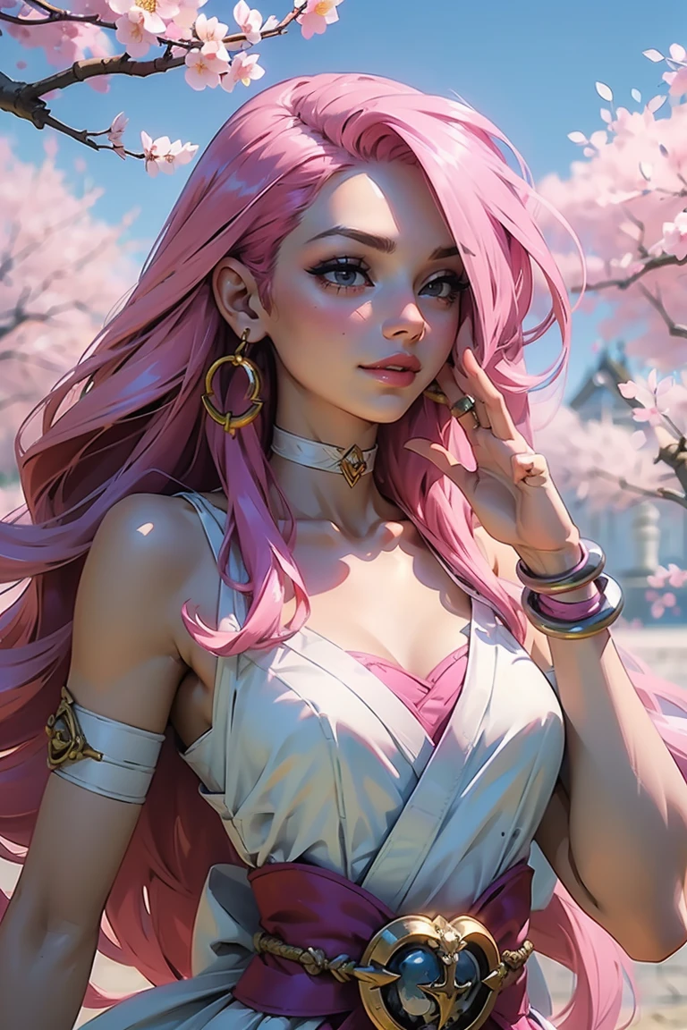 Goddess ((goddess-like woman)), slim, elegant silhouette, masterpiece, (close angle), best quality, pale skin, fair skin, sweet face, (masterpiece: 1.2, best quality), (real image, intricate details), (1 lady, solo, medium , small waist, ), ((Jinx/LOL)), beautiful face, kissable lips, Pink hair, slicked back hair, (long pink hair), pink hair, LONG HAIR ( pink hair reaching to the waist), perfect makeup, realistic face, long hair, blindfold, mouth slightly open, she has an impressive presence., bracelet, hoop earrings, jewelry, beautiful face, beautiful eyes, side view, side See, she is wearing a blindfold, white ribbon, choker, necklace, white dress, cleavage, forearms and armored boots sweet irresistible smile, elegant pose, elegant hands, beautiful hands, perfect fingers, background: sky, Japanese garden cherry trees, cherry blossoms, blue Sky, upper body view,