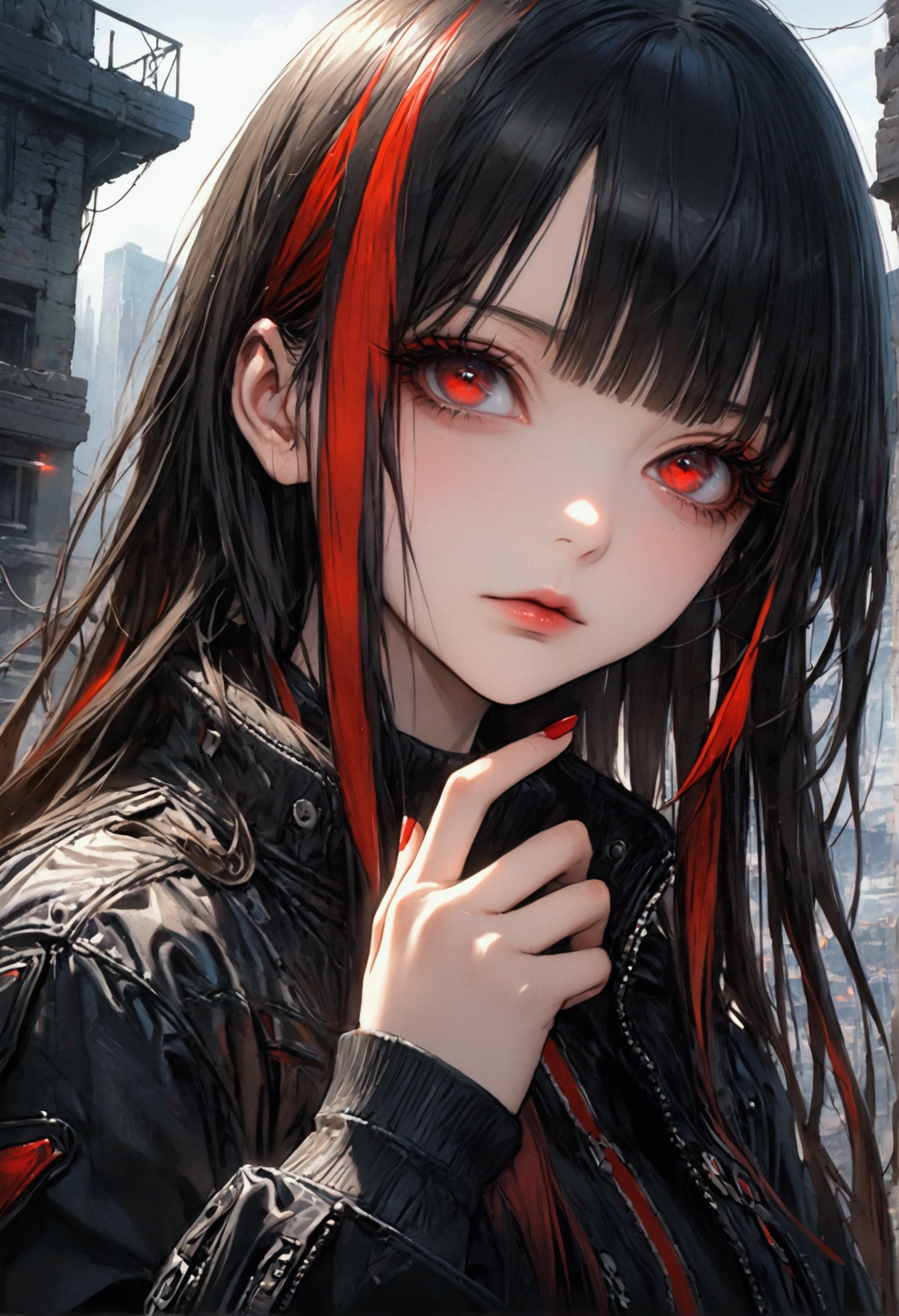 (((16K, absurdres, highres, ultra detailed, HDR, master piece, best quality, extremely detailed, delicated features, Incredibly sharp lines, noise removal))), 1 woman, , long hair, straight hair, blunt bangs, sidelocks, (((black hair, red streaked hair))), clear red eyes, Beautifully drawn eyelashes Long, narrow eyes, perfect eyes, fine eyes, Make the picture clearer, write with sharp eyes, clear parts eye shape, Delicate hair, incredibly detailed hair, very beautiful hair, delicate hair right down to the tips, anime, Perfect hands, Glaring from the front, Cyberpunk Jacket, night, Dark Ruins, bl00dyfs,