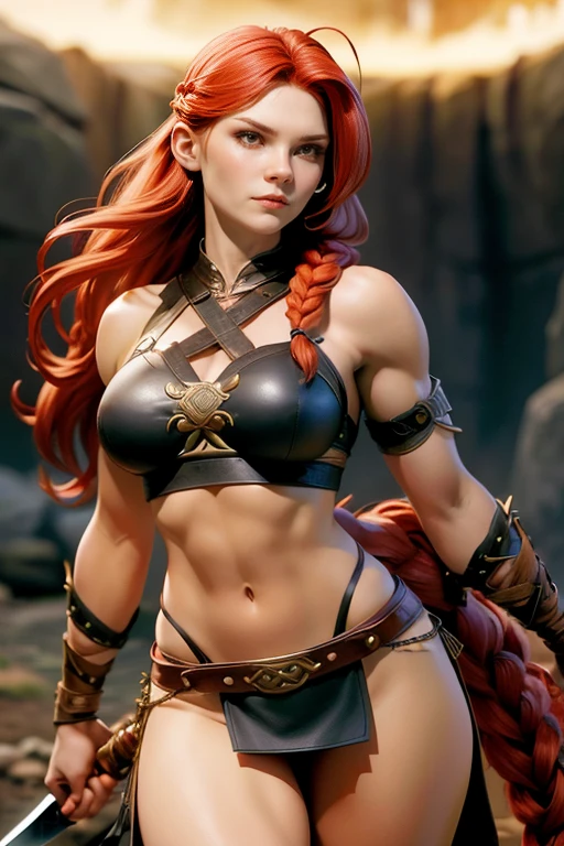  Young Viking woman , warrior,  long red hair tied in a single braid ,  amazonian body ,  toned abdomen ,  generous hips , curvilinear, armed with sword , He wears medium leather armor with leather linings and Celtic and Norse knots, highest quality,  masterpiece , super detail,  lyrics,  cinematographic lighting .