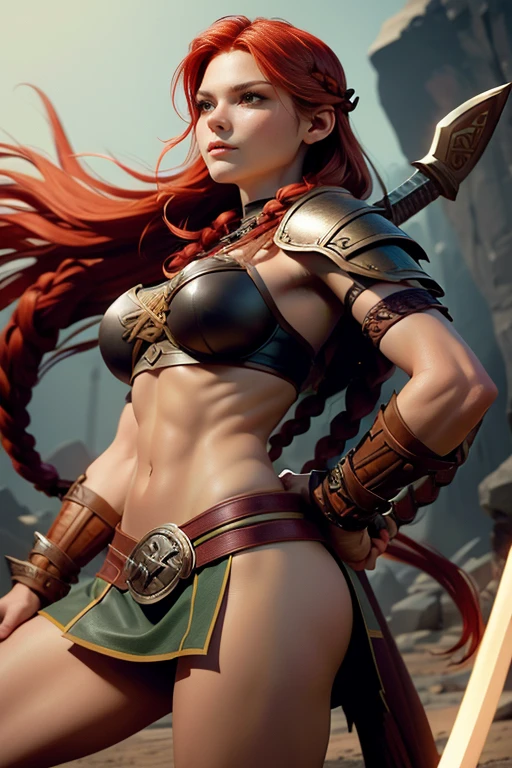  Young Viking woman , warrior,  long red hair tied in a single braid ,  amazonian body ,  toned abdomen ,  generous hips , curvilinear, armed with sword , He wears medium leather armor with leather linings and Celtic and Norse knots, highest quality,  masterpiece , super detail,  lyrics,  cinematographic lighting .