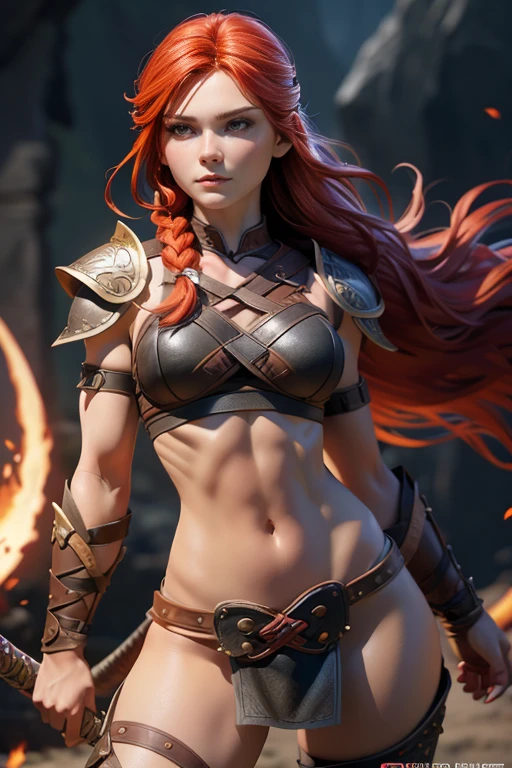  Young Viking woman , warrior,  long red hair tied in a single braid ,  amazonian body ,  toned abdomen ,  generous hips , curvilinear, armed with sword , He wears leather armor with leather linings and Celtic and Norse knots, highest quality,  masterpiece , super detail,  lyrics,  cinematic lighting.