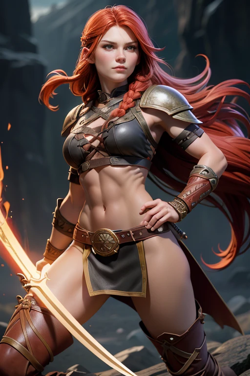  Young Viking woman , warrior,  long red hair tied in a single braid ,  amazonian body ,  toned abdomen ,  generous hips , curvilinear, armed with sword , He wears leather armor with leather linings and Celtic and Norse knots, highest quality,  masterpiece , super detail,  lyrics,  cinematic lighting.