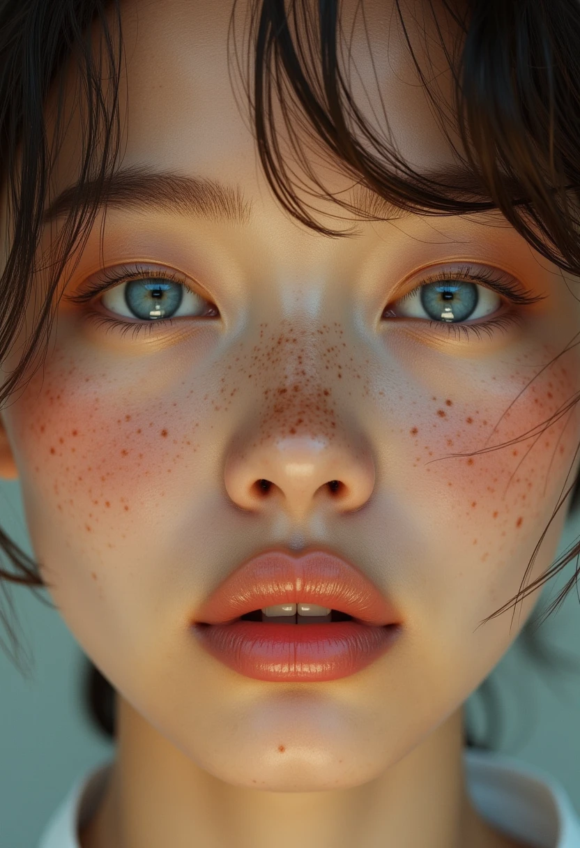 This is a hyper-realistic CGI image of a young woman's face, rendered in high detail with a focus on naturalistic textures and lighting. The subject is a fair-skinned woman with a striking complexion featuring numerous freckles across her cheeks, nose, and forehead. Her skin is glistening with a fine sheen, likely from water or oil, giving it a dewy appearance.