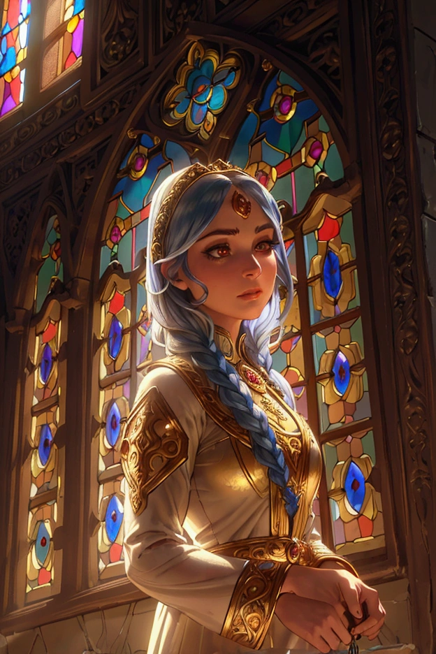 a beautiful detailed female cleric, detailed face, detailed eyes, long eyelashes, detailed nose, detailed lips, detailed skin, intricate ornate temple interior, stained glass windows, sunlight streaming through windows, ornate architecture, detailed stone walls, ornate religious artifacts, candles, warm lighting, cinematic composition