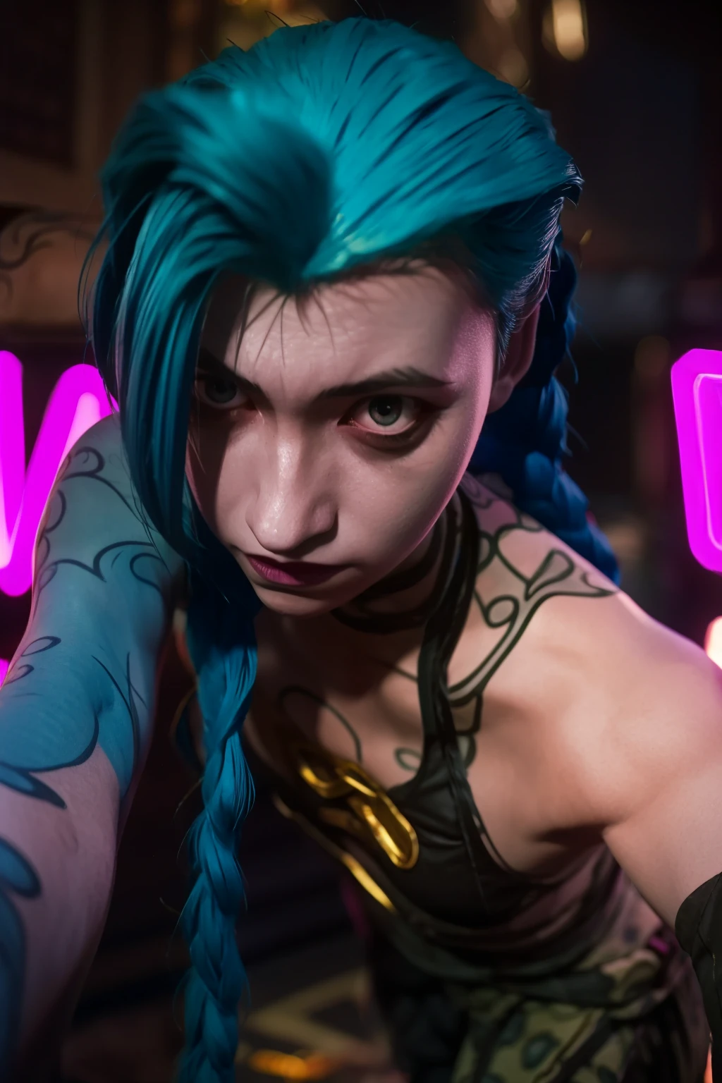 jinx league of legends, detailed , angry face, In dynamic pose, blue tattoo, skinny body, belly tattoo . Dynamic Angle, best quality, masterpiece, UHD, 4K. (( rain, Thunder background)), ((cinematic lighting:1.4))