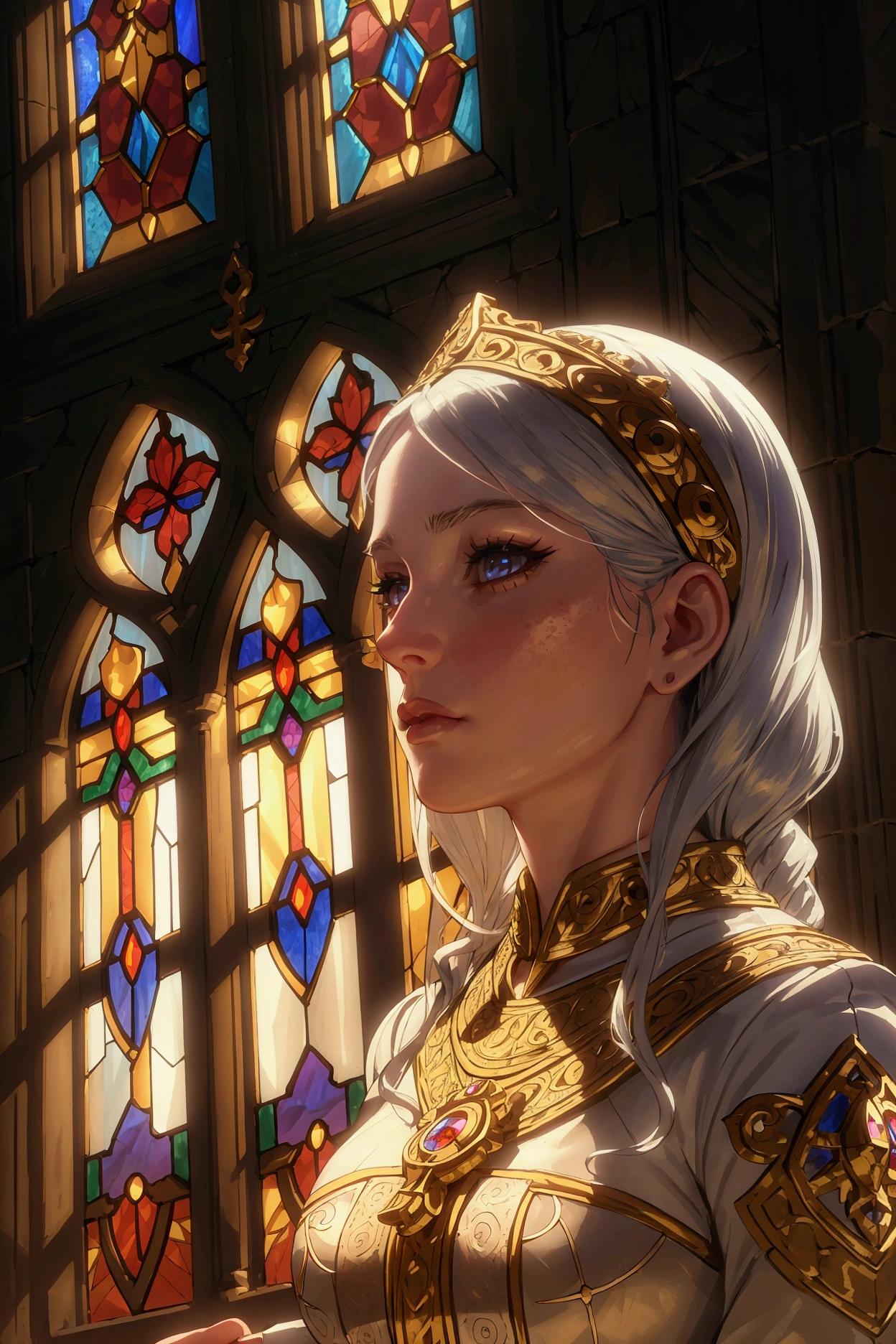 a beautiful detailed female cleric, detailed face, detailed eyes, long eyelashes, detailed nose, detailed lips, detailed skin, intricate ornate temple interior, stained glass windows, sunlight streaming through windows, ornate architecture, detailed stone walls, ornate religious artifacts, candles, warm lighting, cinematic composition