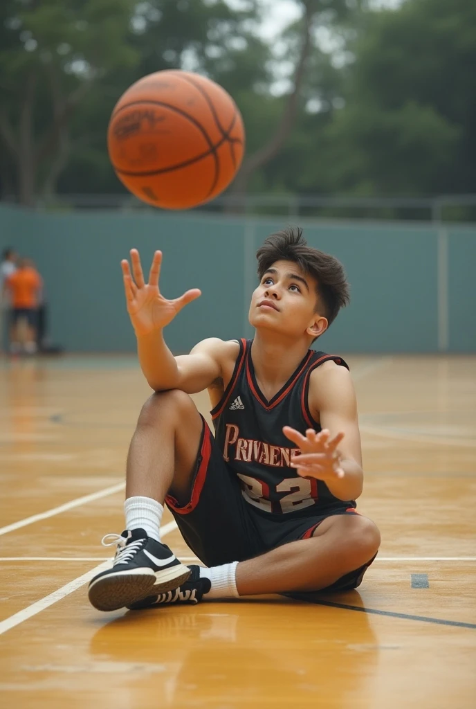 Create a ager who throws a basketball so that he is sitting on the floor