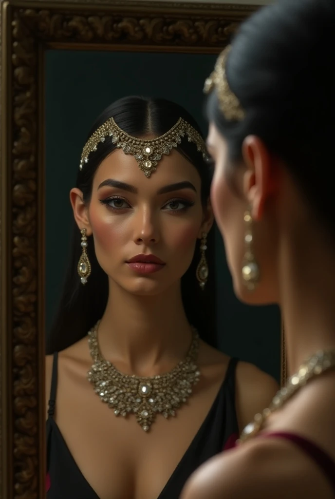 A young, elegant woman with Arabic features sits in front of an antique, ornate mirror. His eyes, intense and dark, reflect the light of a candle that illuminates his face. She is dressed in a pristine white abaya, embroidered with delicate gold thread, and a silk hijab flowing over her shoulders. Her skilled hands adjust an elaborate gold jewelry set, consisting of a necklace with a star-shaped pendant and large dangling earrings. A bindi adorns her forehead, glowing in the candlelight. In the background, an intricately patterned Persian rug covers the floor, and a colorful stained glass window allows moonlight to bathe the room in a soft silver glow. The atmosphere is serene and contemplative, conveying the importance of this moment of preparation for Eid al-Adha. The woman's expression is a mix of expectation and serenity, reflecting the beauty and spirituality of the tradition. A light dash of kohl on the eyes and a burgundy lipstick intensify your features. Nails painted with henna, showing intricate designs. A small bottle of Arabic perfume and an ivory comb sit on a small carved wooden table. The mirror captures the woman's image in a blurred and distorted reflection, adding a touch of mystery. A palette of warm, earthy colors, with shades of gold, red and brown, contrasting with the white of the abaya. Realistic painting, with a touch of romanticism and spirituality. The dramatic lighting and intricate details of the jewelry and surroundings create a rich, immersive atmosphere.