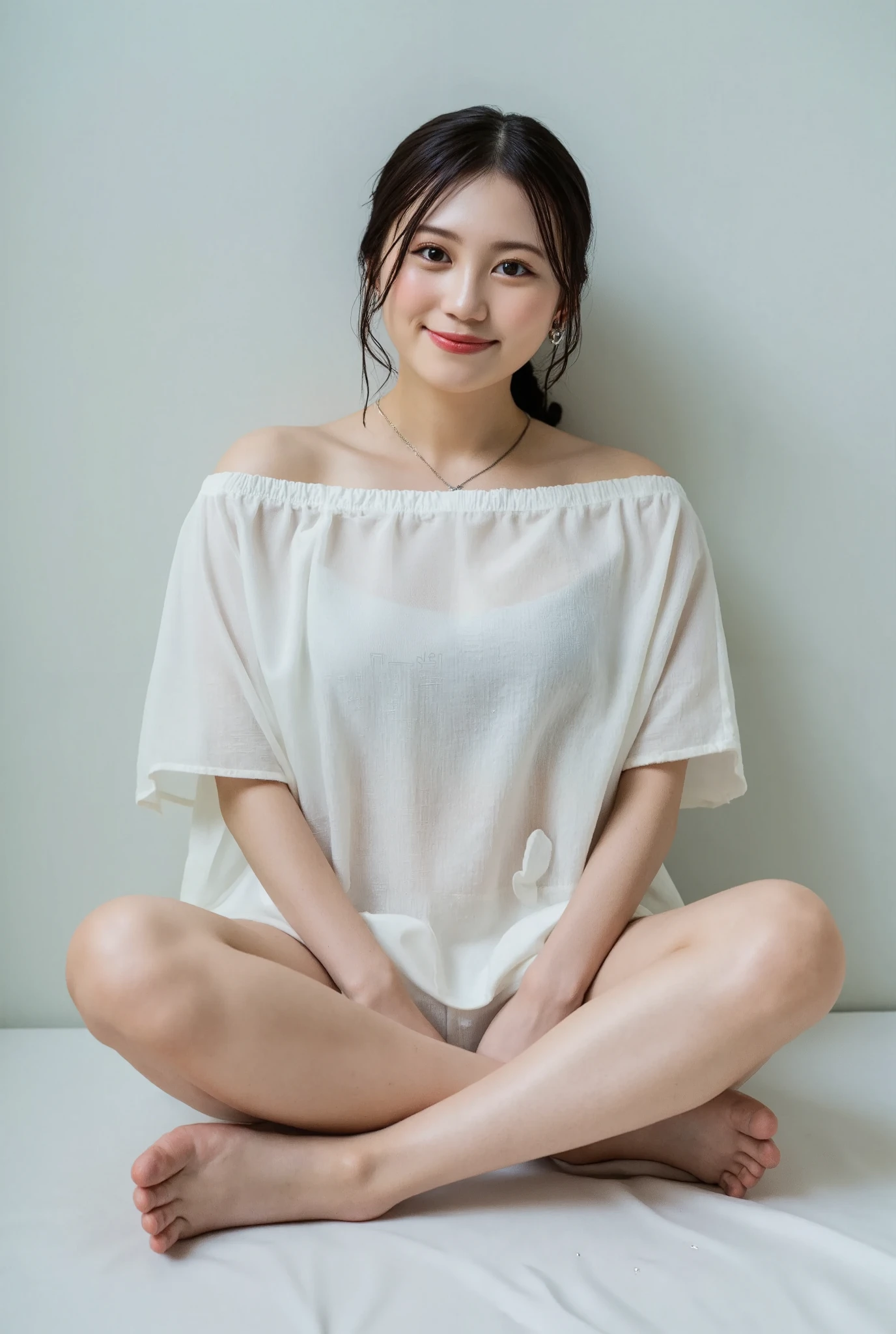 Full body shot from the front、Wear off-the-shoulder mini one-piece pajamas, bend your knees, spread your legs, take a cross-legged pose, and sit while looking at me, Slender bare legs 、smile、The background is a monotone 

