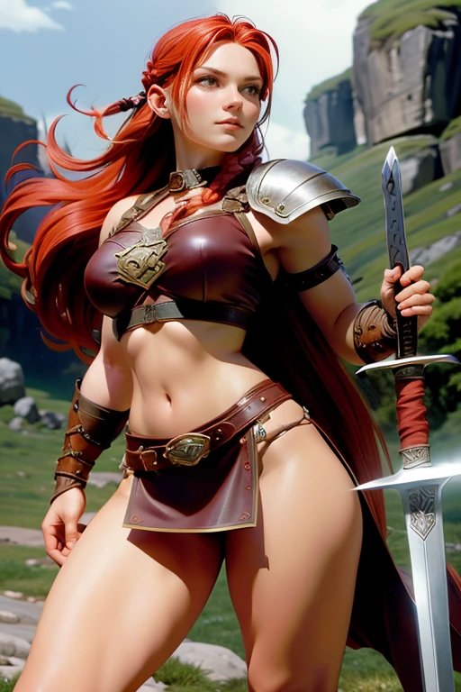  Young Viking woman , warrior,  long red hair tied in a single braid ,  amazonian body ,  generous hips , curvilinear, armed with sword ,  wears leather armor with leather linings and Celtic and Nordic knots, highest quality,  masterpiece , super detail,  lyrics,  cinematographic lighting , without stage .