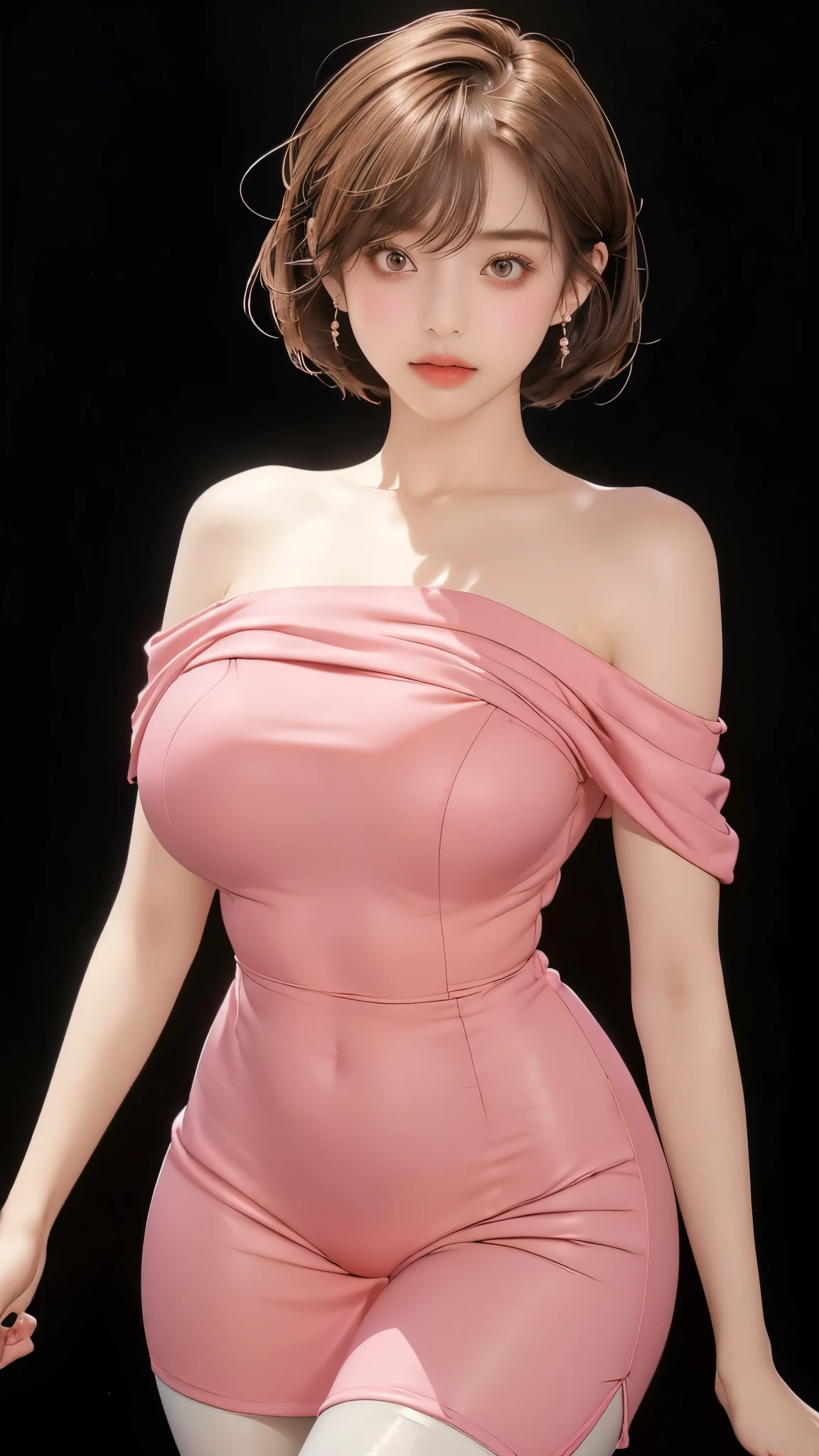 (（（figure，御姐figure,White and tender skin,（（（pink hip wrap dress，Off Shoulder， Black Stockings ）））,(（（Soridef，brown eyes，brown hair，short hair,））),，((masterpiece)), highres icon,((Best quality at best)),masterpiece,quality,Best quality,(（（  to the audience,Light in the eyes， blush，pant）））,Huge breasts,苗条figure, Black background）））